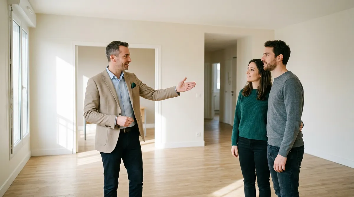 Mandataire immobilier faisant visiter un appartement à un couple